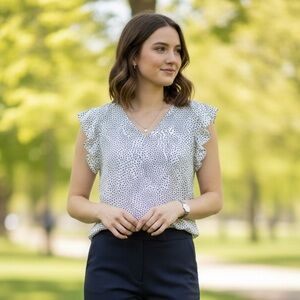 LOFT Polka Dot Ruffle Sleeve Blouse Women's Small White Black Office Casual